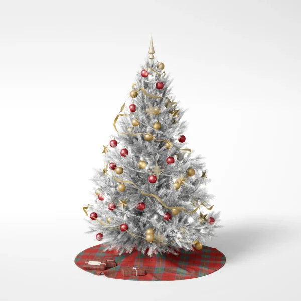 Decorated Christmas tree on a white background on the teal windowpane skirt