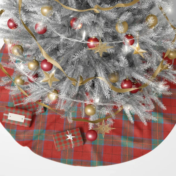 Coral and teal plaid tree skirt under a lit Christmas tree with presents