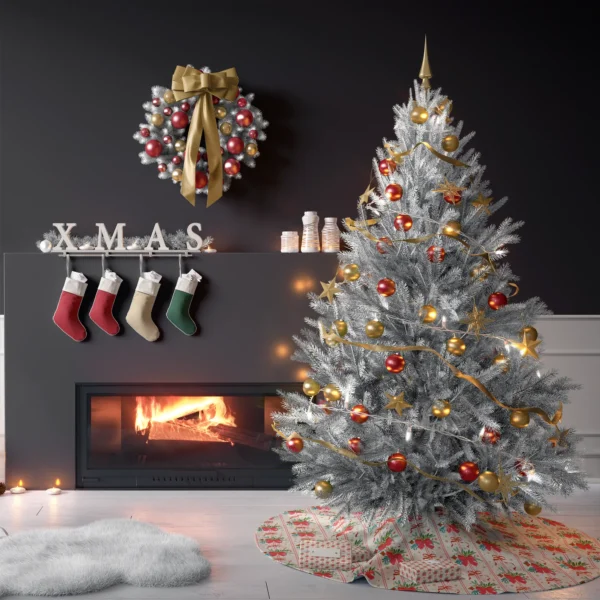 Tree on the red bow bouquet skirt in a living room with charcoal walls