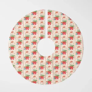 Red bow bouquet tree skirt shown flat from above on white