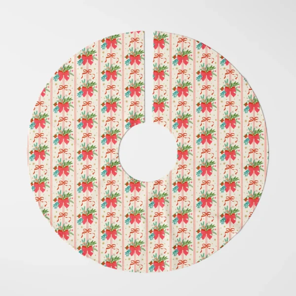 Red bow bouquet tree skirt shown flat from above on white