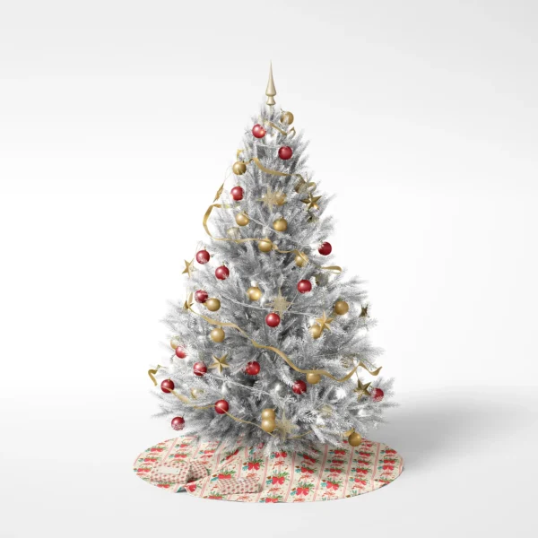 Decorated tree on a white background resting on the red bow bouquet skirt