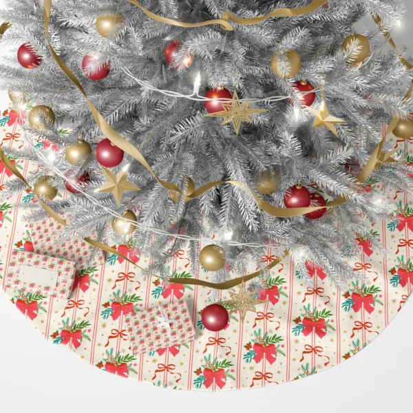 Red bow bouquet tree skirt beneath a lit Christmas tree with presents
