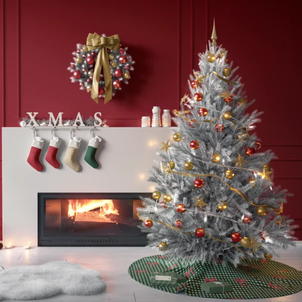 Tree on the red bow gingham skirt in a living room with red paneled walls
