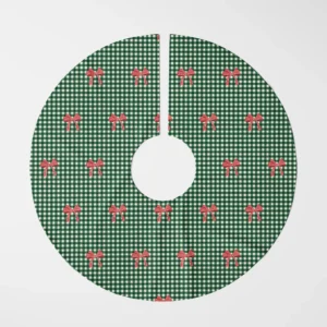 Red bow gingham tree skirt laid flat, top view of red bows on a tiny green and cream check