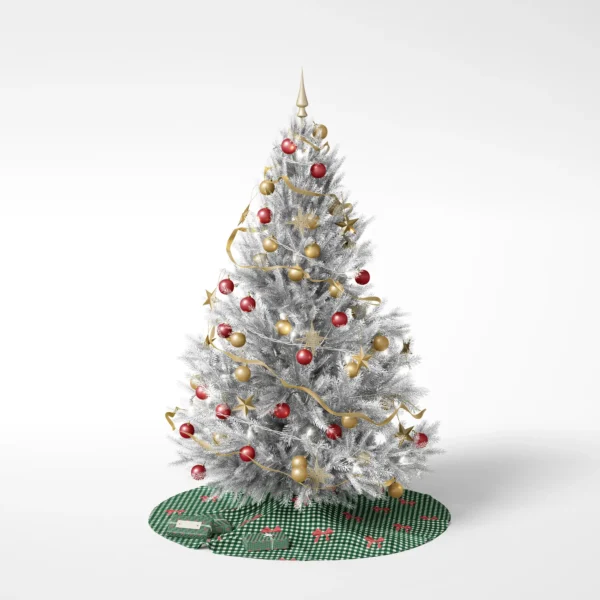 Decorated Christmas tree on a white background standing on the green gingham bow skirt