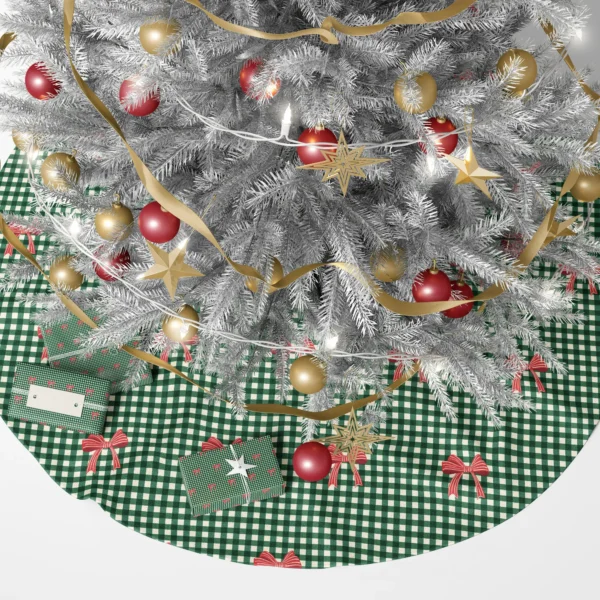Green check tree skirt with red bows under a lit tree surrounded by wrapped gifts