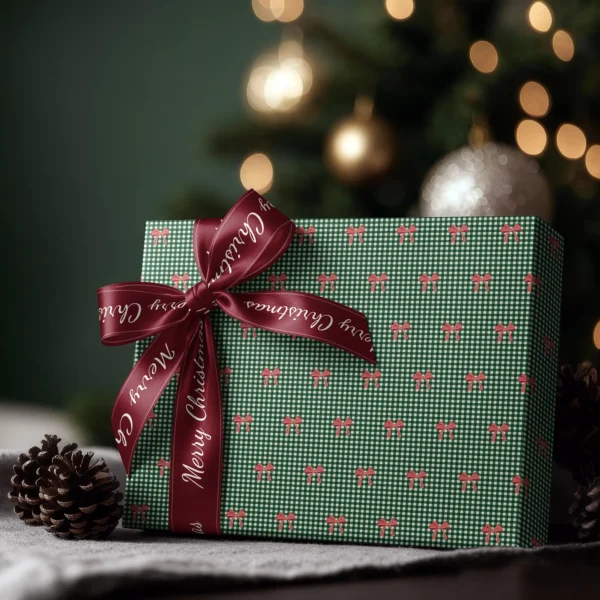Box wrapped in red bow gingham paper with a satin ribbon bow, Christmas tree lights behind