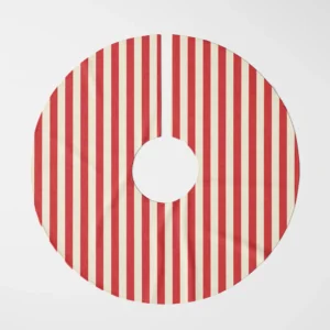 Red cabana stripe tree skirt laid flat, top view of even red and cream stripes