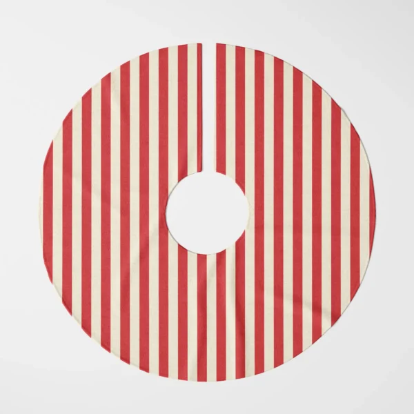 Red cabana stripe tree skirt laid flat, top view of even red and cream stripes