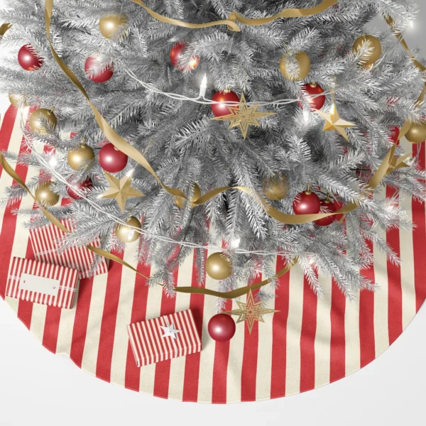 Red striped tree skirt below a lit Christmas tree with wrapped gifts
