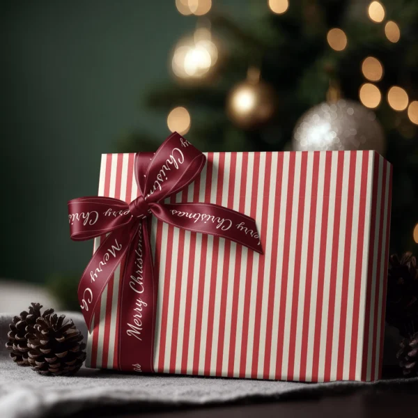 Box wrapped in red cabana stripe paper with a satin ribbon bow, Christmas tree lights behind