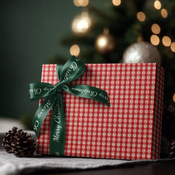 Box wrapped in red gingham tree paper with a satin ribbon bow, Christmas tree lights behind