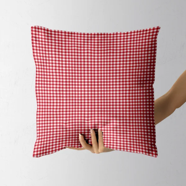 Hand holding the square red and white check pillow
