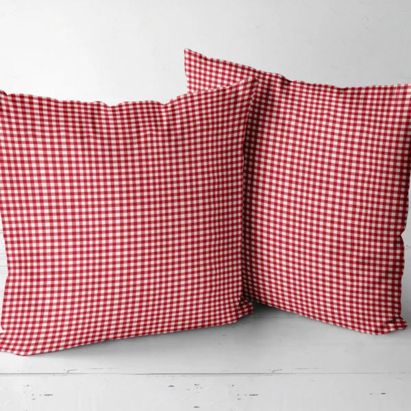 Two red gingham throw pillows next to each other