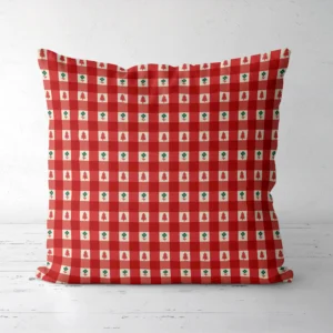 Red gingham tiny tree Christmas pillow, front view of the red check
