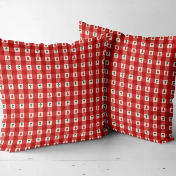 Pair of red gingham tiny tree pillows side by side