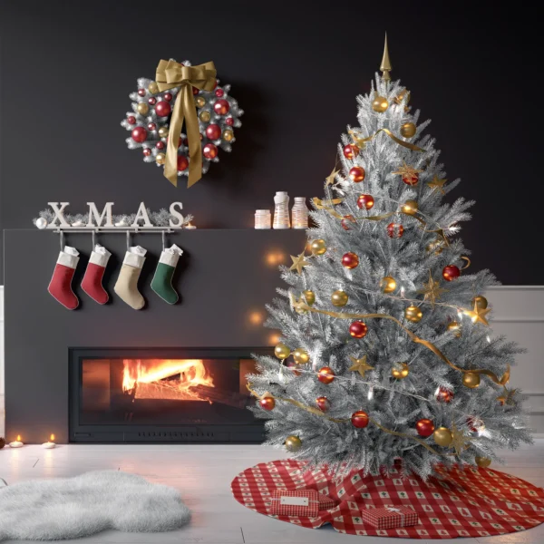 Tree on the red gingham tiny tree skirt in a living room with charcoal walls