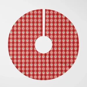 Red gingham tiny tree skirt laid flat, top view of the red check with cream squares
