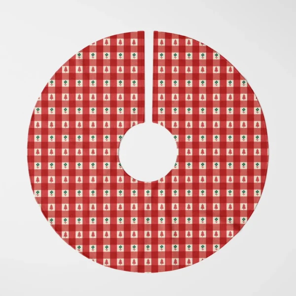 Red gingham tiny tree skirt laid flat, top view of the red check with cream squares