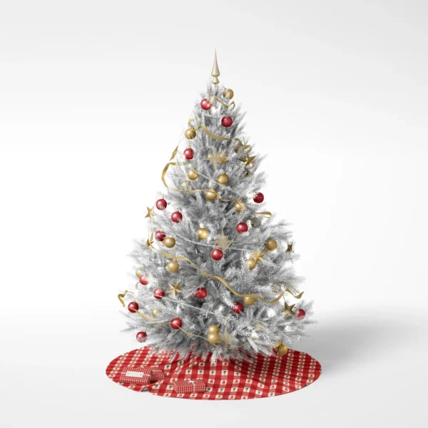 Christmas tree on a white backdrop standing on the red gingham tree skirt