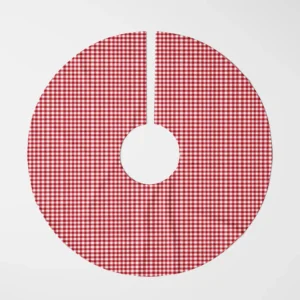 Red gingham tree skirt laid flat, top view on white, fine red and white check