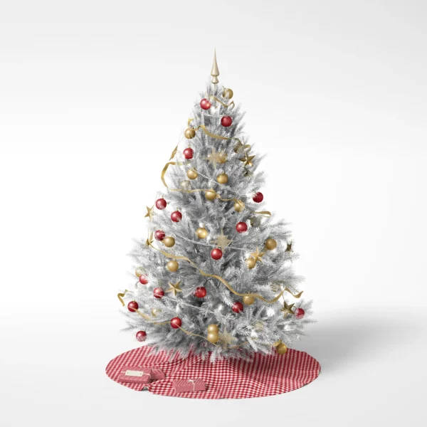 Decorated tree on a white backdrop standing on the red gingham skirt