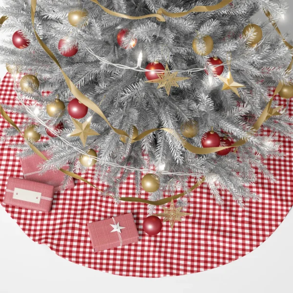 Red gingham skirt under a lit Christmas tree with wrapped presents