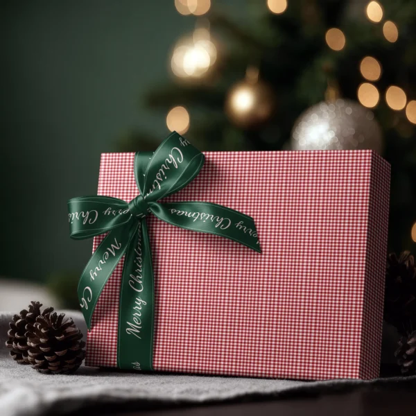 Box wrapped in red gingham paper with a satin ribbon bow, Christmas tree lights behind