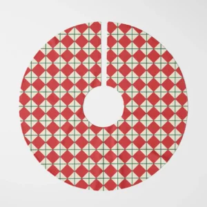 Red harlequin tree skirt shown flat from above, red diamonds on cream