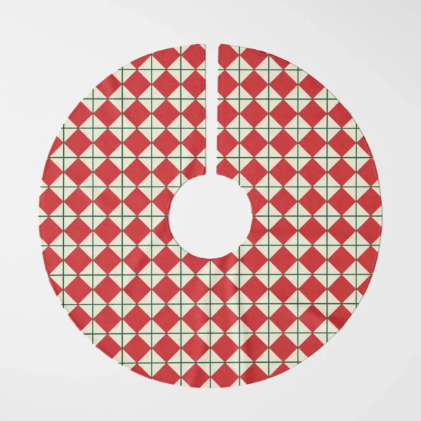 Red harlequin tree skirt shown flat from above, red diamonds on cream