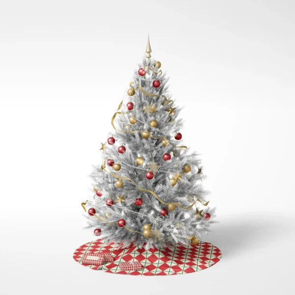 Decorated tree on white resting on the red diamond harlequin skirt