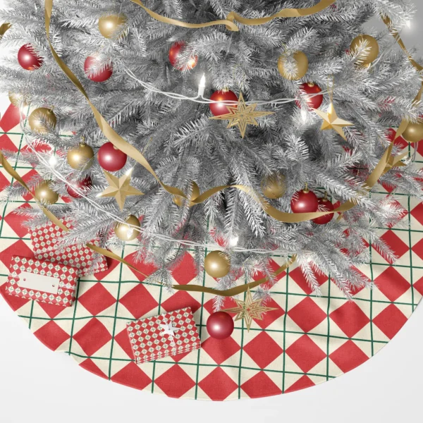 Harlequin tree skirt under a lit Christmas tree with presents