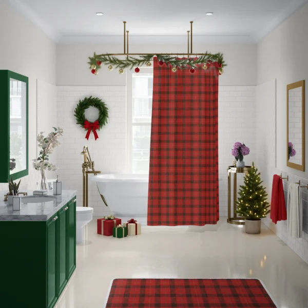 Red lumberjack check bath mat in front of the matching shower curtain and a freestanding tub