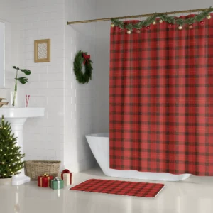Red lumberjack check Christmas shower curtain beside a white tub, with a wreath and a small lit tree