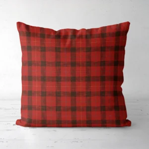 Red lumberjack check Christmas pillow, front view, small black and red squares