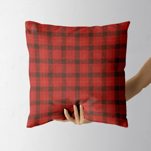 Hand holding the red and black check throw pillow