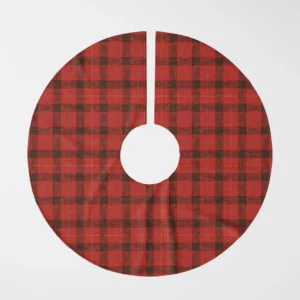 Red lumberjack check tree skirt laid flat, top view of small black and red squares