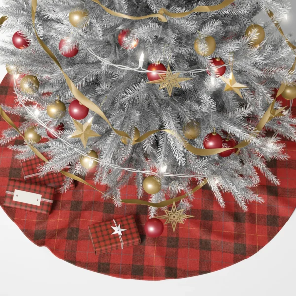 Red and black check tree skirt under a lit Christmas tree with wrapped gifts