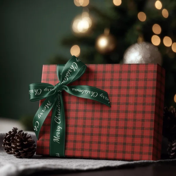 Box wrapped in red lumberjack check paper with a satin ribbon bow, Christmas tree lights behind
