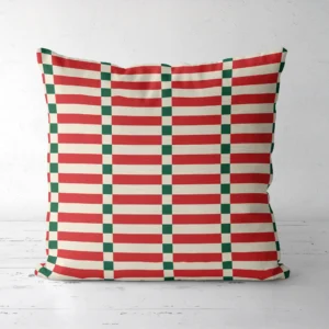 Red stripe ladder Christmas pillow, front view, stripes and green check tracks