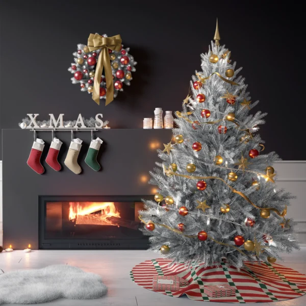 Tree on the red stripe ladder skirt in a living room with charcoal walls