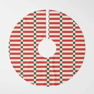 Red stripe ladder tree skirt shown flat from above, red bands with green check columns