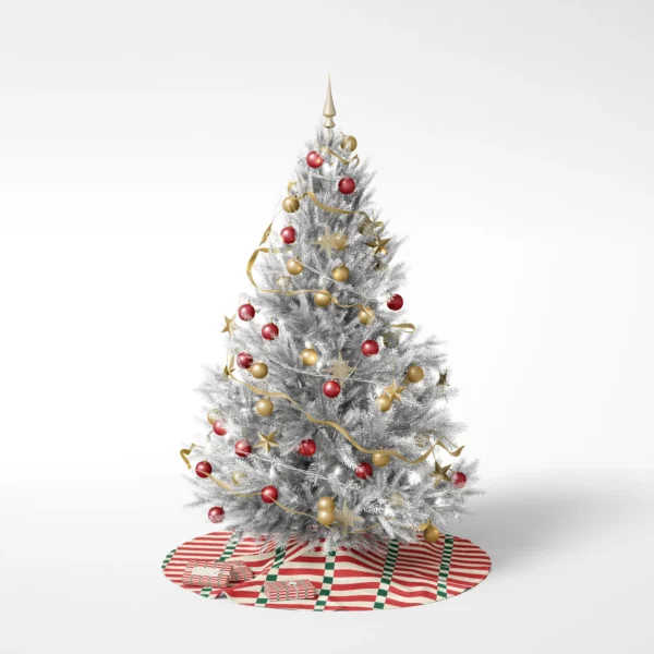 Decorated tree on white standing on the red stripe ladder skirt