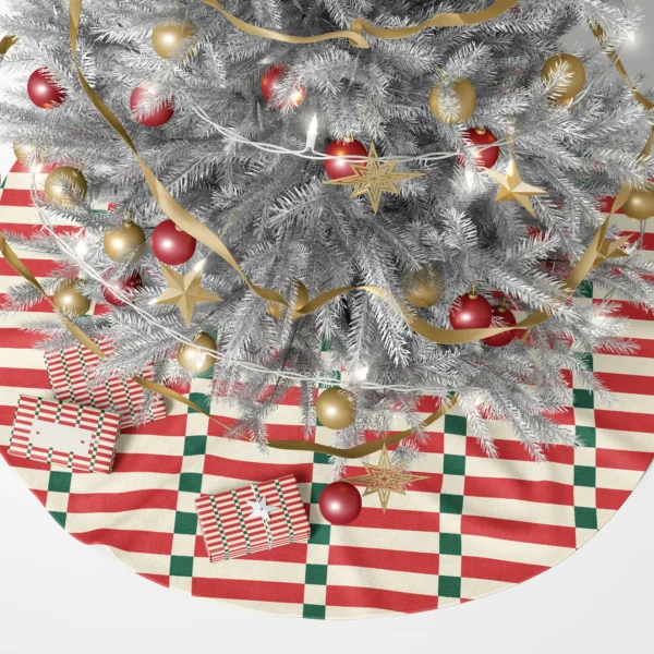 Modern red striped tree skirt below a lit Christmas tree with gifts