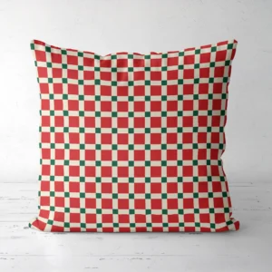 Red tile check Christmas pillow, front view, red squares in a cream grid