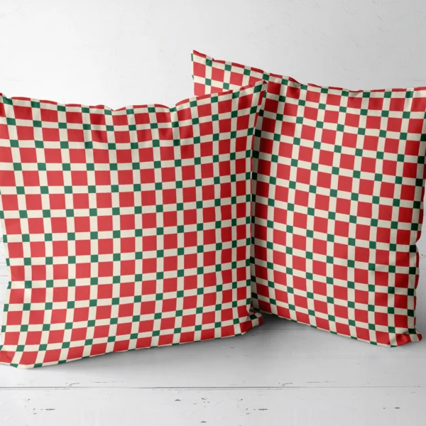 Two red tile check throw pillows side by side