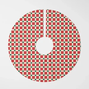 Red tile check tree skirt laid flat, top view of red squares in a cream grid