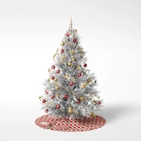 Decorated tree on a white background on the red tile check skirt