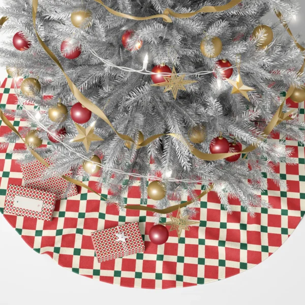 Retro red check tree skirt under a lit Christmas tree with presents